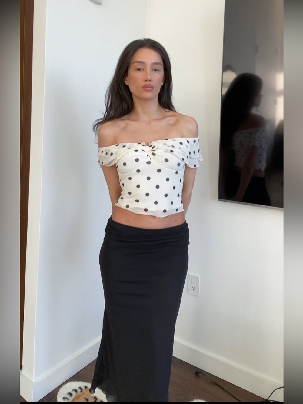 Cider Mesh Off-Shoulder Polka Dot Ruffled Top & Mermaid Maxi Skirt Set